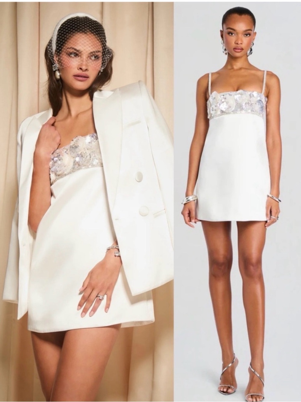 Retrofete Lark Sequin Embroidered Mini Dress White Silver NEW with tags